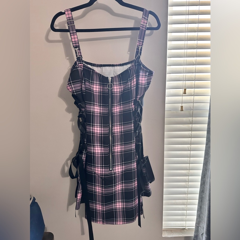 Black and Pink Plaid Lace-Up Mini Dress - Picture 2 of 9